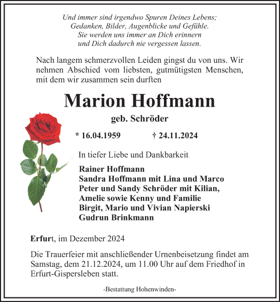 Traueranzeige von Marion Hoffmann von Thüringer Allgemeine, Thüringische Landeszeitung