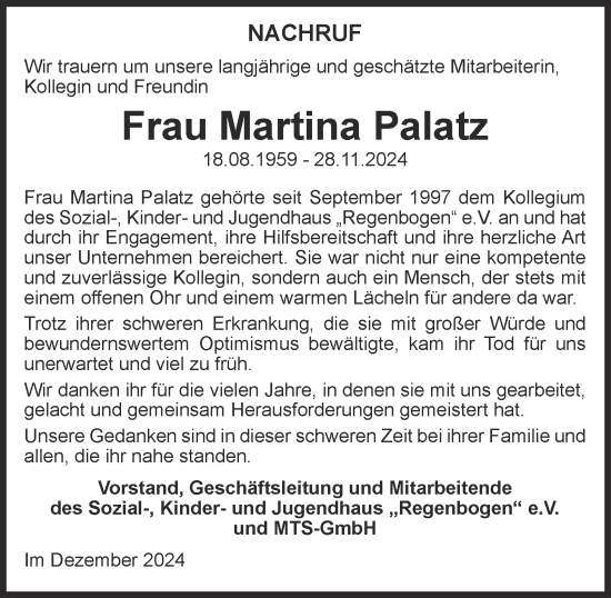 Traueranzeige von Martina Palatz von Thüringer Allgemeine