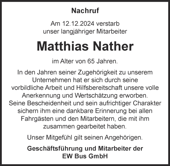 Traueranzeige von Matthias Nather von Thüringer Allgemeine