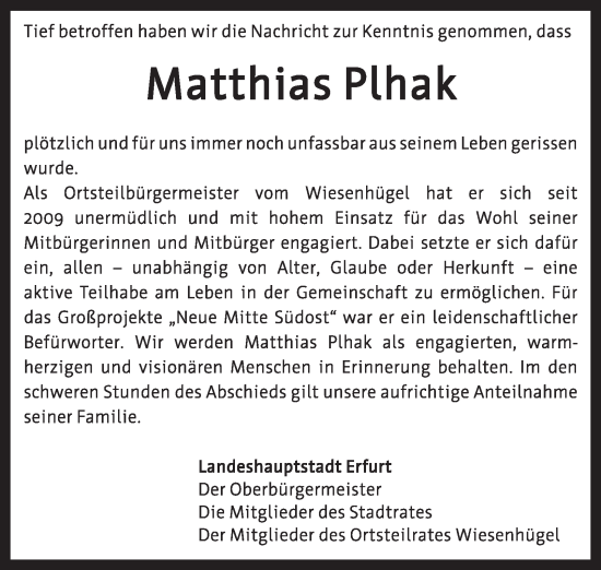 Traueranzeige von Matthias Plhak von Thüringer Allgemeine, Thüringische Landeszeitung