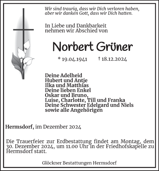 Traueranzeige von Norbert Grüner von Ostthüringer Zeitung