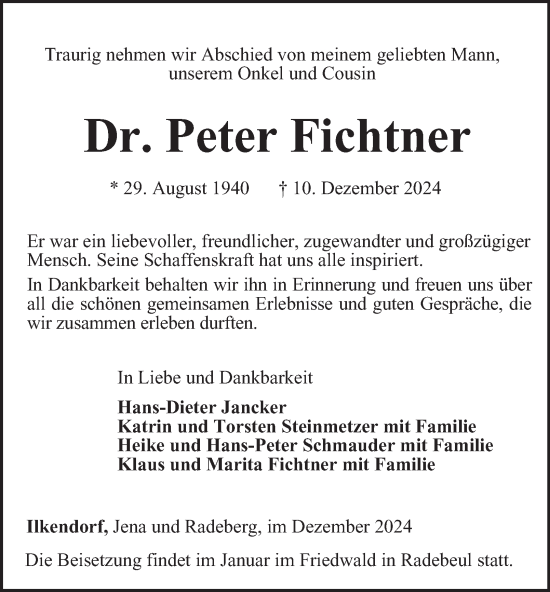 Traueranzeige von Peter Fichtner von Ostthüringer Zeitung, Thüringische Landeszeitung