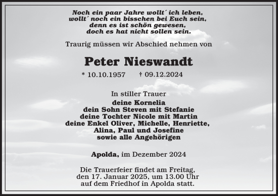 Traueranzeige von Peter Nieswandt von Thüringer Allgemeine, Thüringische Landeszeitung
