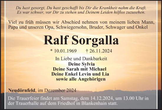 Traueranzeige von Ralf Sorgalla von Thüringer Allgemeine, Thüringische Landeszeitung