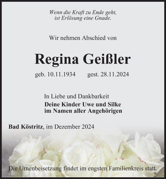 Traueranzeige von Regina Geißler von Ostthüringer Zeitung