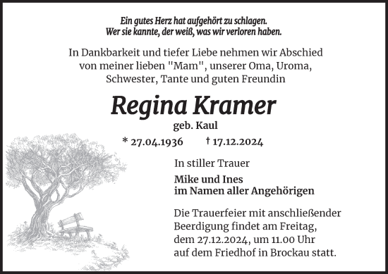 Traueranzeige von Regina Kramer von Ostthüringer Zeitung