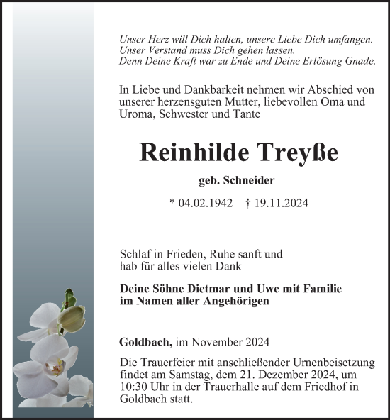 Traueranzeige von Reinhilde Treyße von Thüringer Allgemeine, Thüringische Landeszeitung