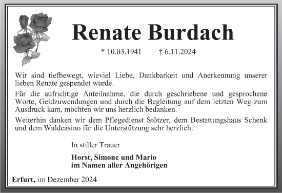 Traueranzeige von Renate Burdach von Thüringer Allgemeine, Thüringische Landeszeitung