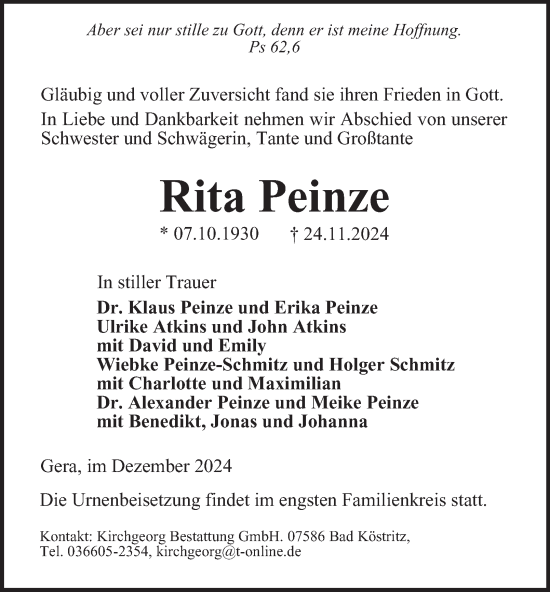 Traueranzeige von Rita Peinze von Ostthüringer Zeitung