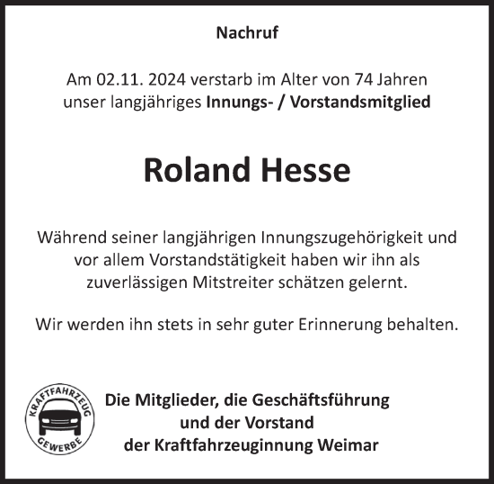 Traueranzeige von Roland Hesse von Thüringer Allgemeine, Thüringische Landeszeitung