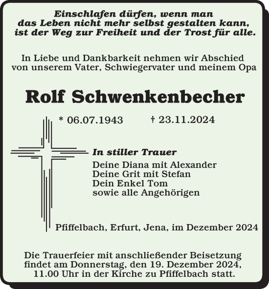 Traueranzeige von Rolf Schwenkenbecher von Thüringer Allgemeine, Thüringische Landeszeitung