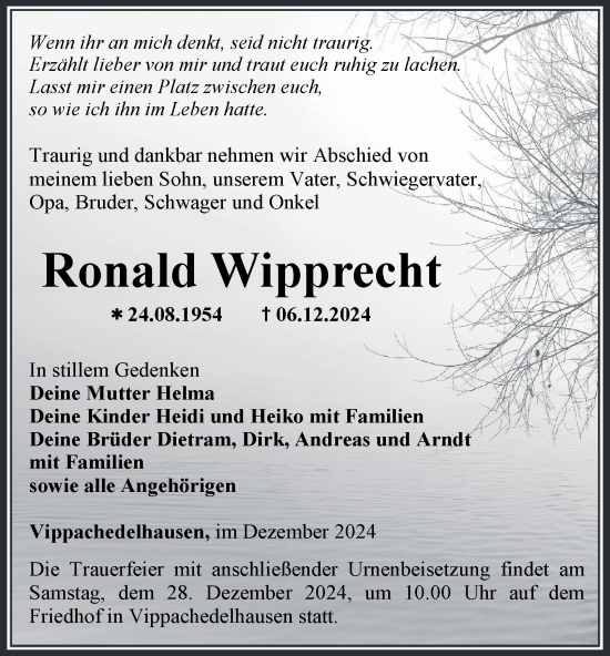 Traueranzeige von Ronald Wipprecht von Thüringer Allgemeine, Thüringische Landeszeitung