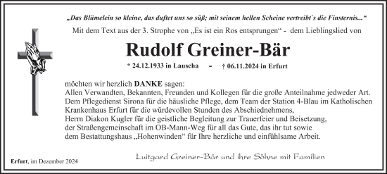 Traueranzeige von Rudolf Greiner-Bär von Thüringer Allgemeine, Thüringische Landeszeitung