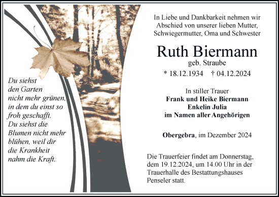 Traueranzeige von Ruth Biermann von Thüringer Allgemeine