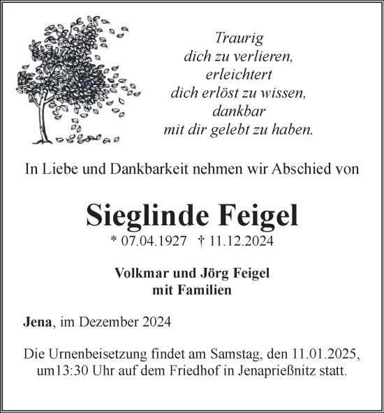 Traueranzeige von Sieglinde Feigel von Ostthüringer Zeitung, Thüringische Landeszeitung