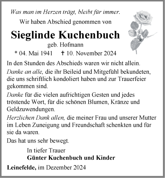 Traueranzeige von Sieglinde Kuchenbuch von Thüringer Allgemeine