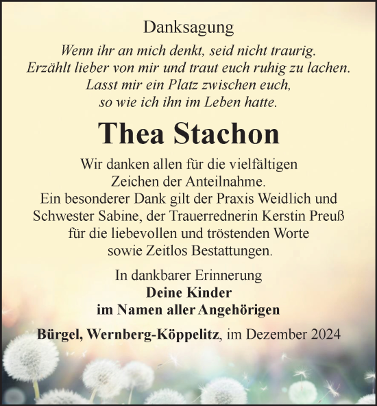 Traueranzeige von Thea Stachon von Ostthüringer Zeitung, Thüringische Landeszeitung