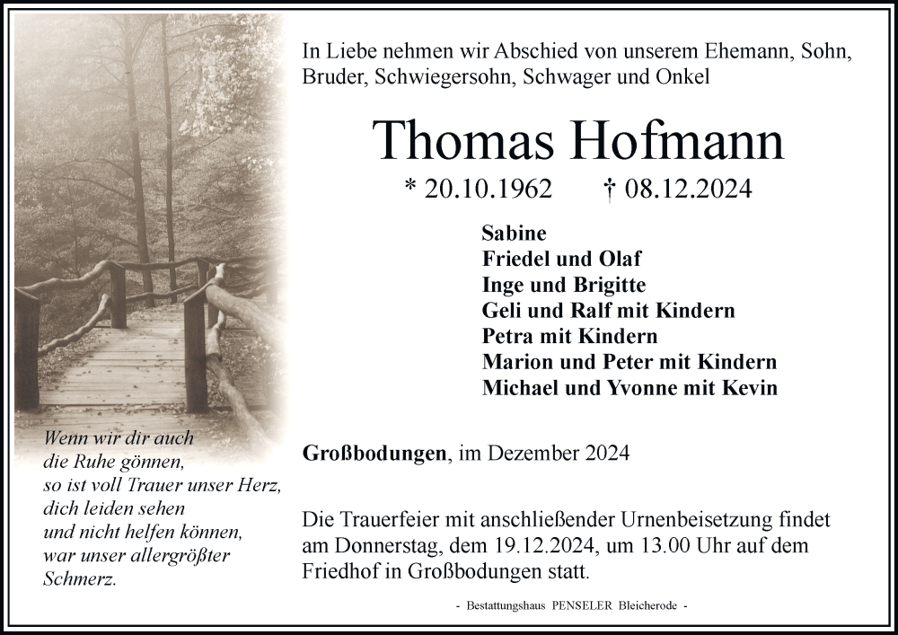  Traueranzeige für Thomas Hofmann vom 14.12.2024 aus Thüringer Allgemeine