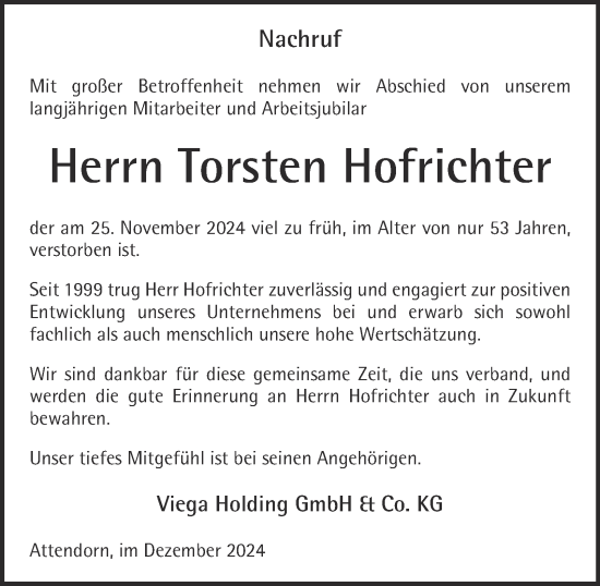 Traueranzeige von Torsten Hofrichter von Thüringer Allgemeine, Thüringische Landeszeitung