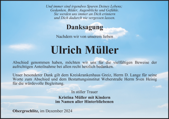 Traueranzeige von Ulrich Müller von Ostthüringer Zeitung