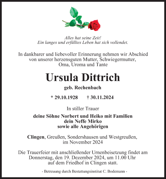 Traueranzeige von Ursula Dittrich von Thüringer Allgemeine