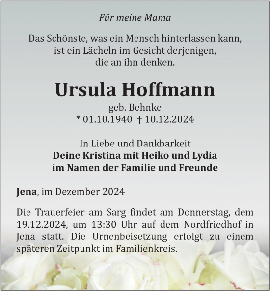 Traueranzeige von Ursula Hoffmann von Ostthüringer Zeitung, Thüringische Landeszeitung