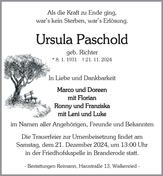 Traueranzeige von Ursula Paschold von Thüringer Allgemeine