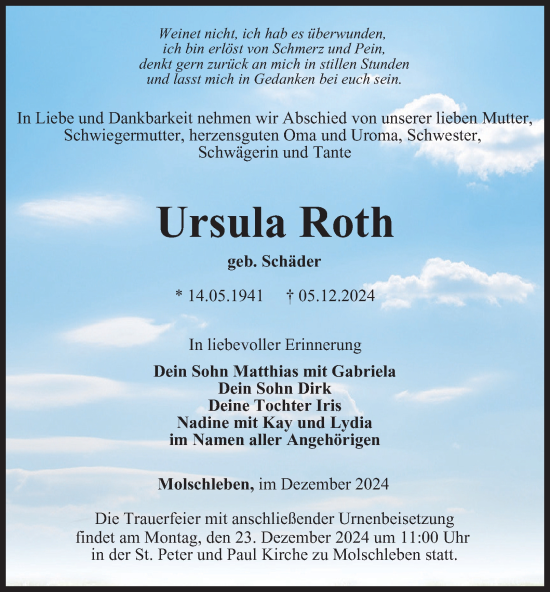 Traueranzeige von Ursula Roth von Thüringer Allgemeine, Thüringische Landeszeitung