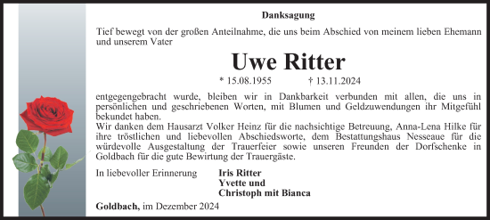 Traueranzeige von Uwe Ritter von Thüringer Allgemeine, Thüringische Landeszeitung