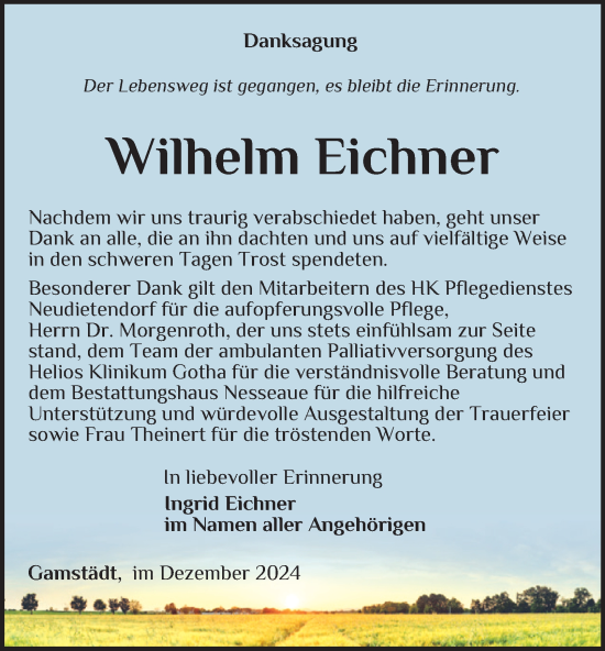 Traueranzeige von Wilhelm Eichner von Thüringer Allgemeine, Thüringische Landeszeitung