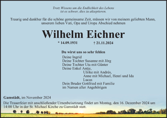 Traueranzeige von Wilhelm Eichner von Thüringer Allgemeine, Thüringische Landeszeitung