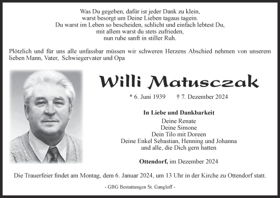 Traueranzeige von Willi Matusczak von Ostthüringer Zeitung