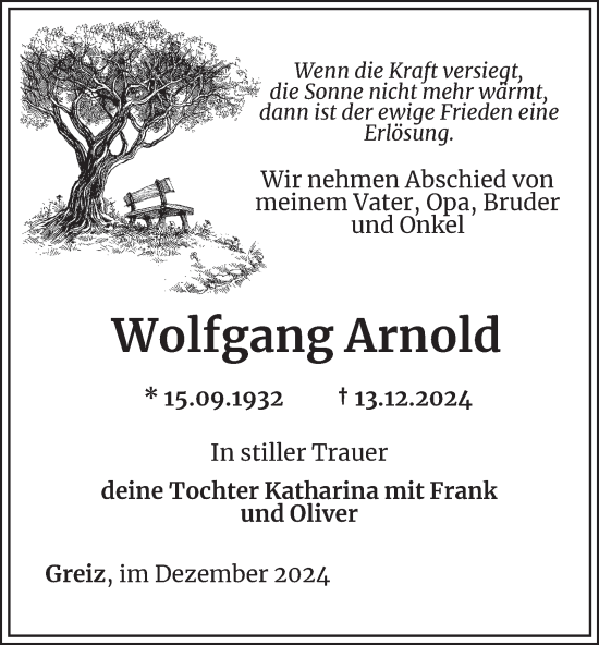 Traueranzeige von Wolfgang Arnold von Ostthüringer Zeitung