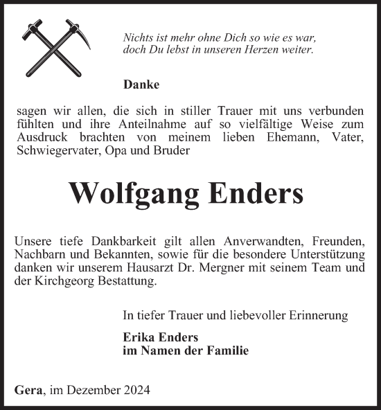 Traueranzeige von Wolfgang Enders von Ostthüringer Zeitung