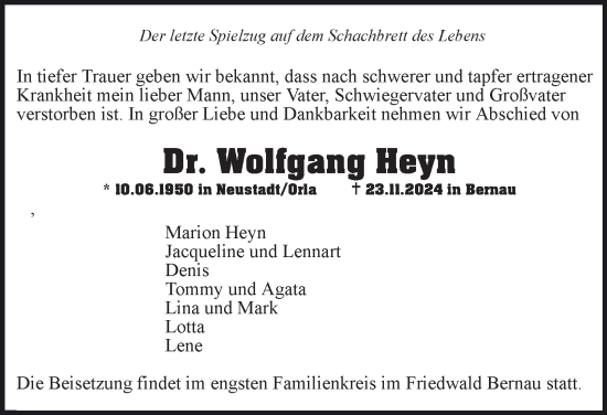 Traueranzeige von Wolfgang Heyn von Ostthüringer Zeitung