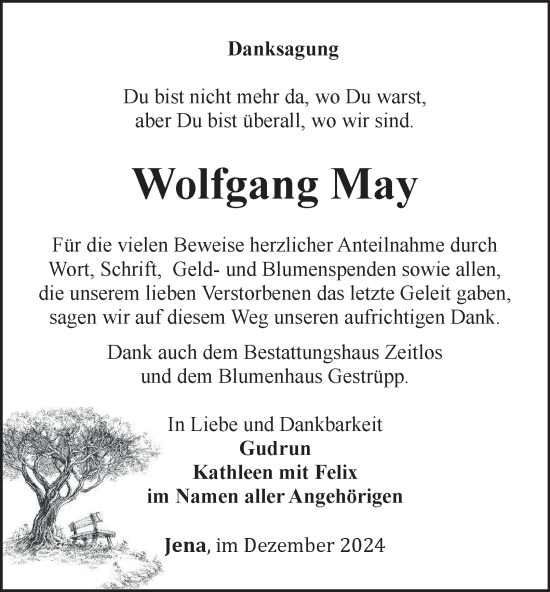 Traueranzeige von Wolfgang May von Ostthüringer Zeitung, Thüringische Landeszeitung