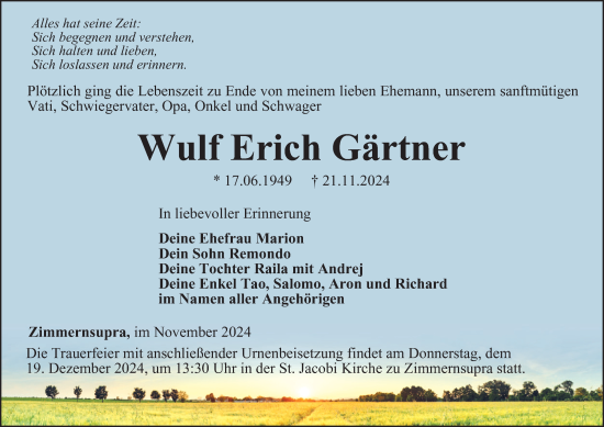 Traueranzeige von Wulf Erich Gärtner von Thüringer Allgemeine, Thüringische Landeszeitung