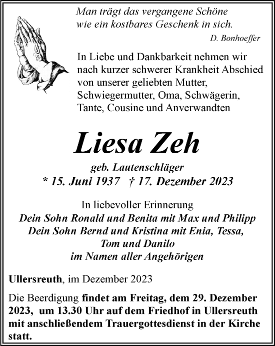 Traueranzeige von Liesa Zeh von Ostthüringer Zeitung