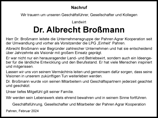 Traueranzeige von Albrecht Broßmann von Ostthüringer Zeitung