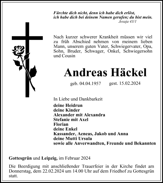 Traueranzeige von Andreas Häckel von Ostthüringer Zeitung
