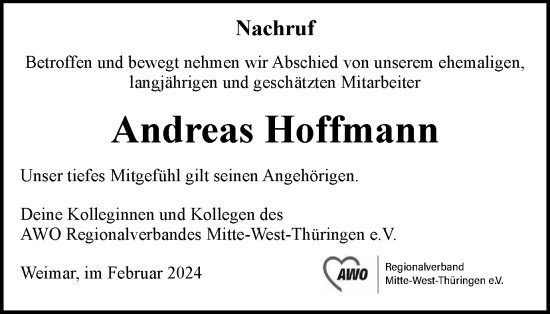 Traueranzeige von Andreas Hoffmann von Thüringer Allgemeine, Thüringische Landeszeitung