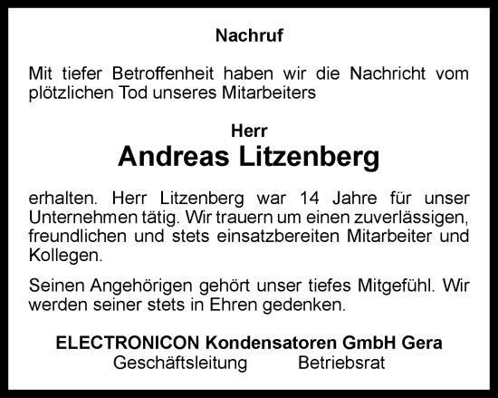 Traueranzeige von Andreas Litzenberg von Ostthüringer Zeitung