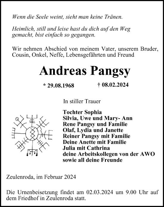 Traueranzeige von Andreas Pangsy von Ostthüringer Zeitung