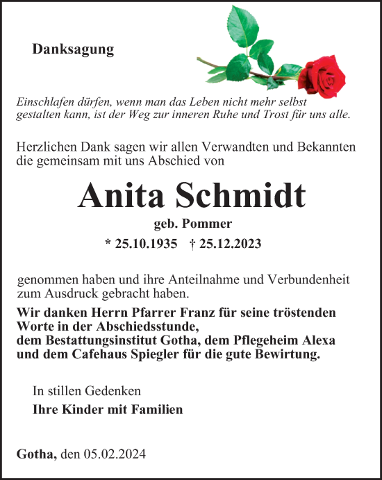 Traueranzeige von Anita Schmidt von Thüringer Allgemeine, Thüringische Landeszeitung