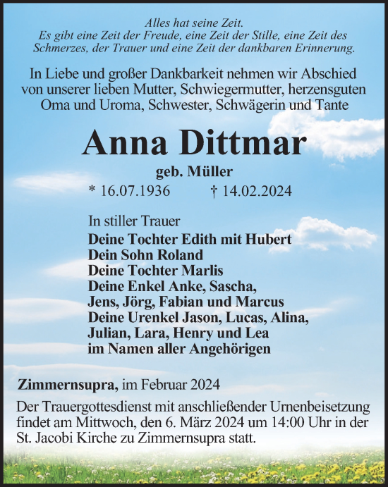 Traueranzeige von Anna Dittmar von Thüringer Allgemeine, Thüringische Landeszeitung