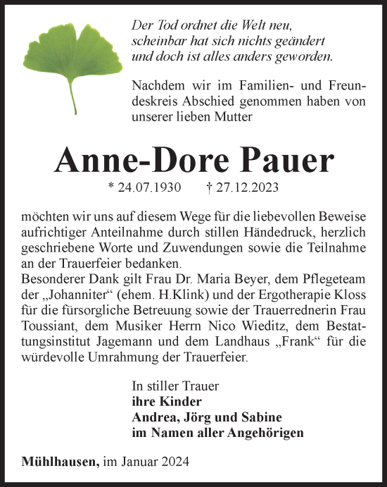 Traueranzeige von Anne-Dore Pauer von Thüringer Allgemeine, Thüringische Landeszeitung