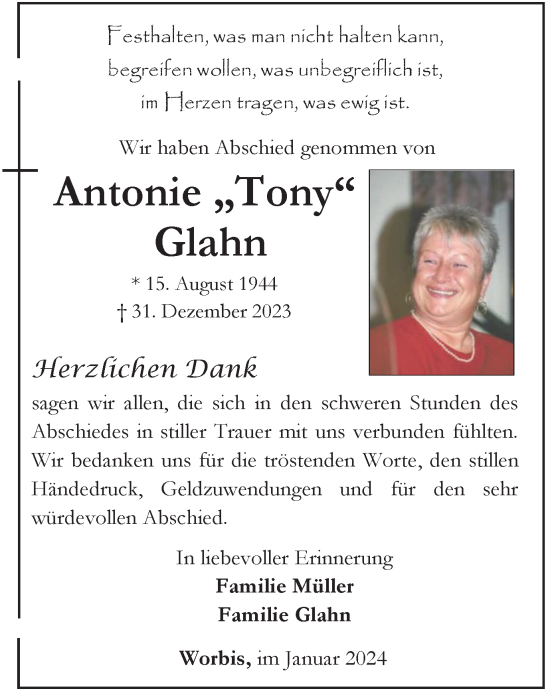 Traueranzeige von Antonie Glahn von Thüringer Allgemeine