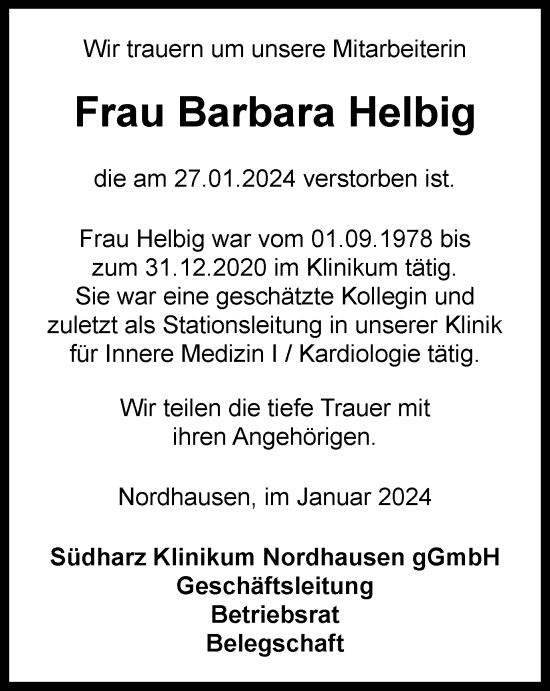 Traueranzeige von Barbara Helbig von Thüringer Allgemeine