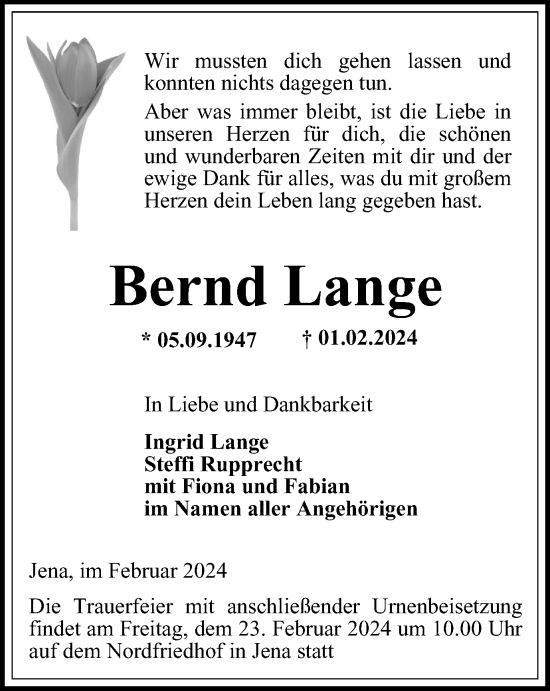 Traueranzeige von Bernd Lange von Ostthüringer Zeitung, Thüringische Landeszeitung