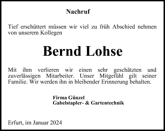 Traueranzeige von Bernd Lohse von Thüringer Allgemeine, Thüringische Landeszeitung